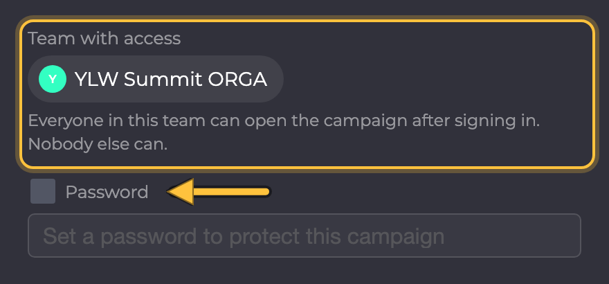 Access step: Team with access shows the team, below it the Password option.