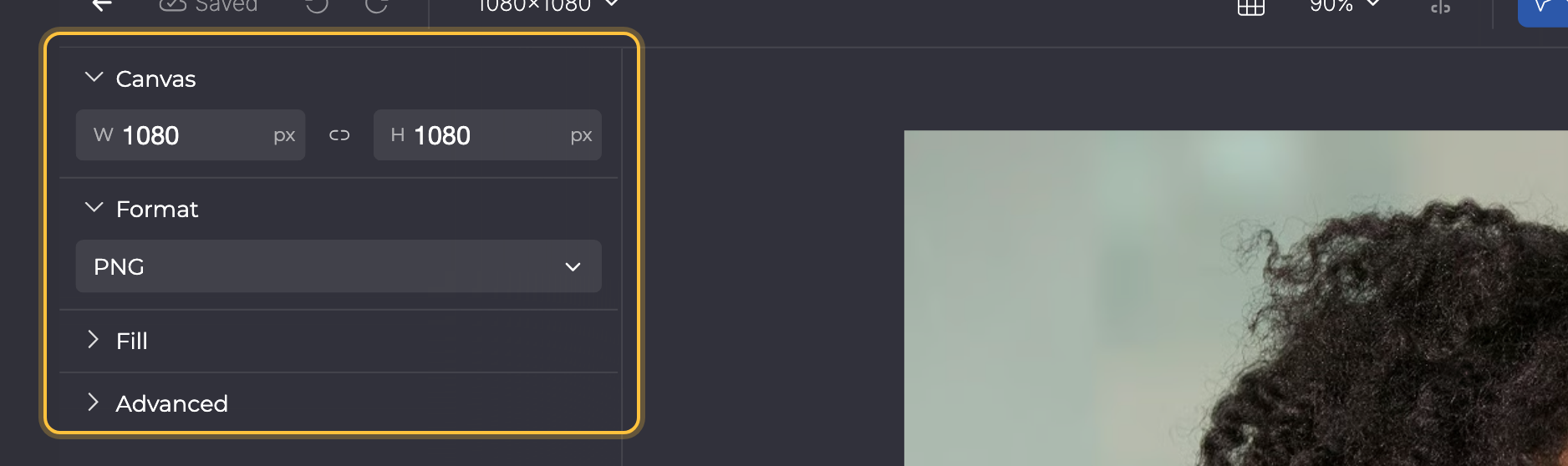 Properties-Panel ohne ausgewähltes Element mit den Abschnitten Canvas, Format, Fill und Advanced.