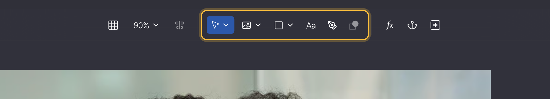 Toolbar mit markierten Elemente-Werkzeugen: Select, Bild, Form, Text, Pfad und Mask elements.