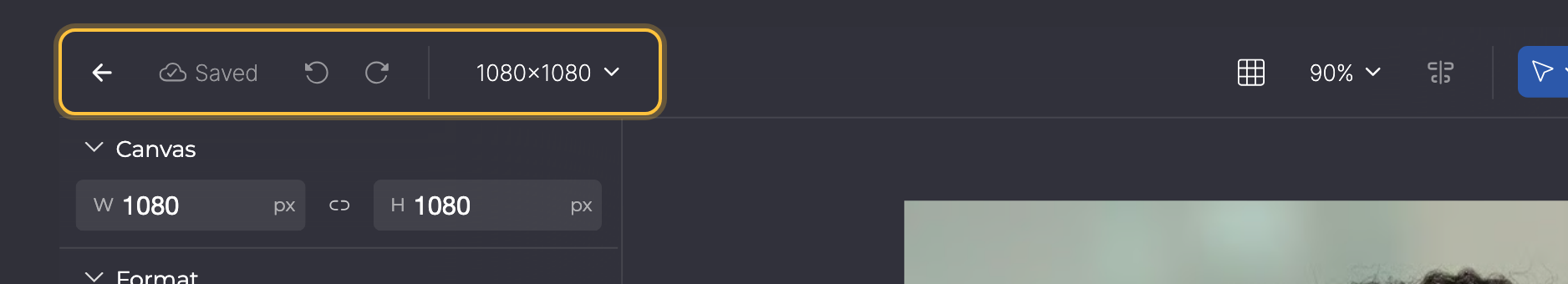 Linker Teil der Toolbar markiert: Back to templates, Save, Undo, Redo und die Canvas-Auswahl.