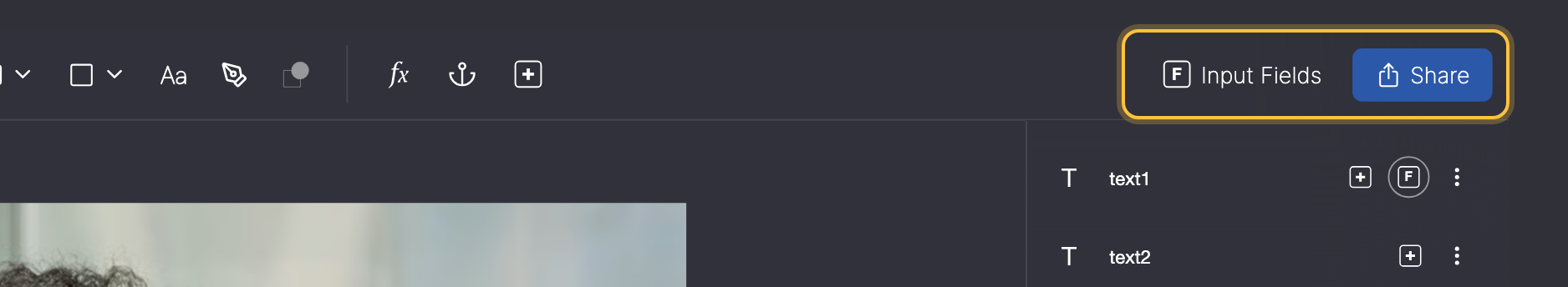 Toolbar oben rechts mit markiertem Input Fields und Share.