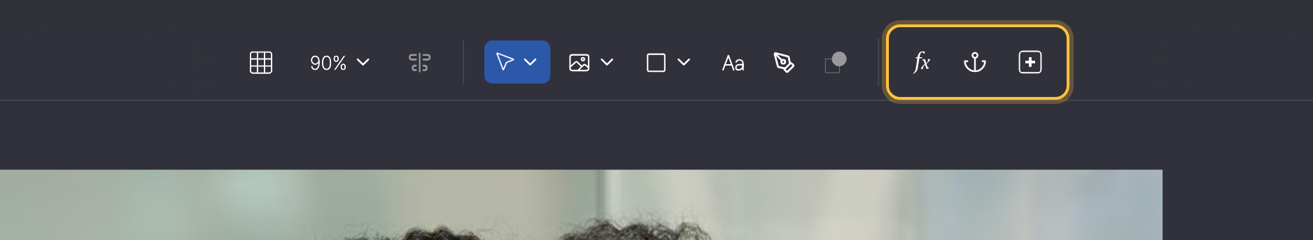Toolbar mit markiertem Connect expressions (fx), Anchoring tool und Create Input Field.