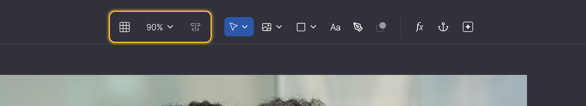 Mitte der Toolbar mit markiertem Raster-Button, Zoom und Align.