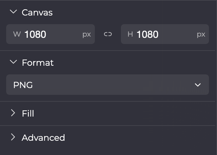 Properties panel with no element selected: Canvas with W and H, Format, Fill and Advanced.