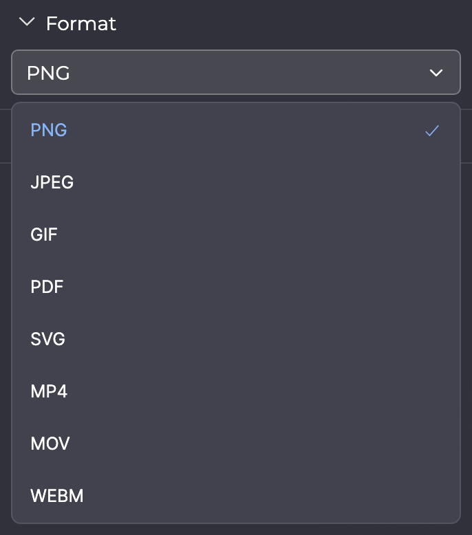 Format menu with the file types PNG, JPEG, GIF, PDF, SVG, MP4, MOV and WEBM.
