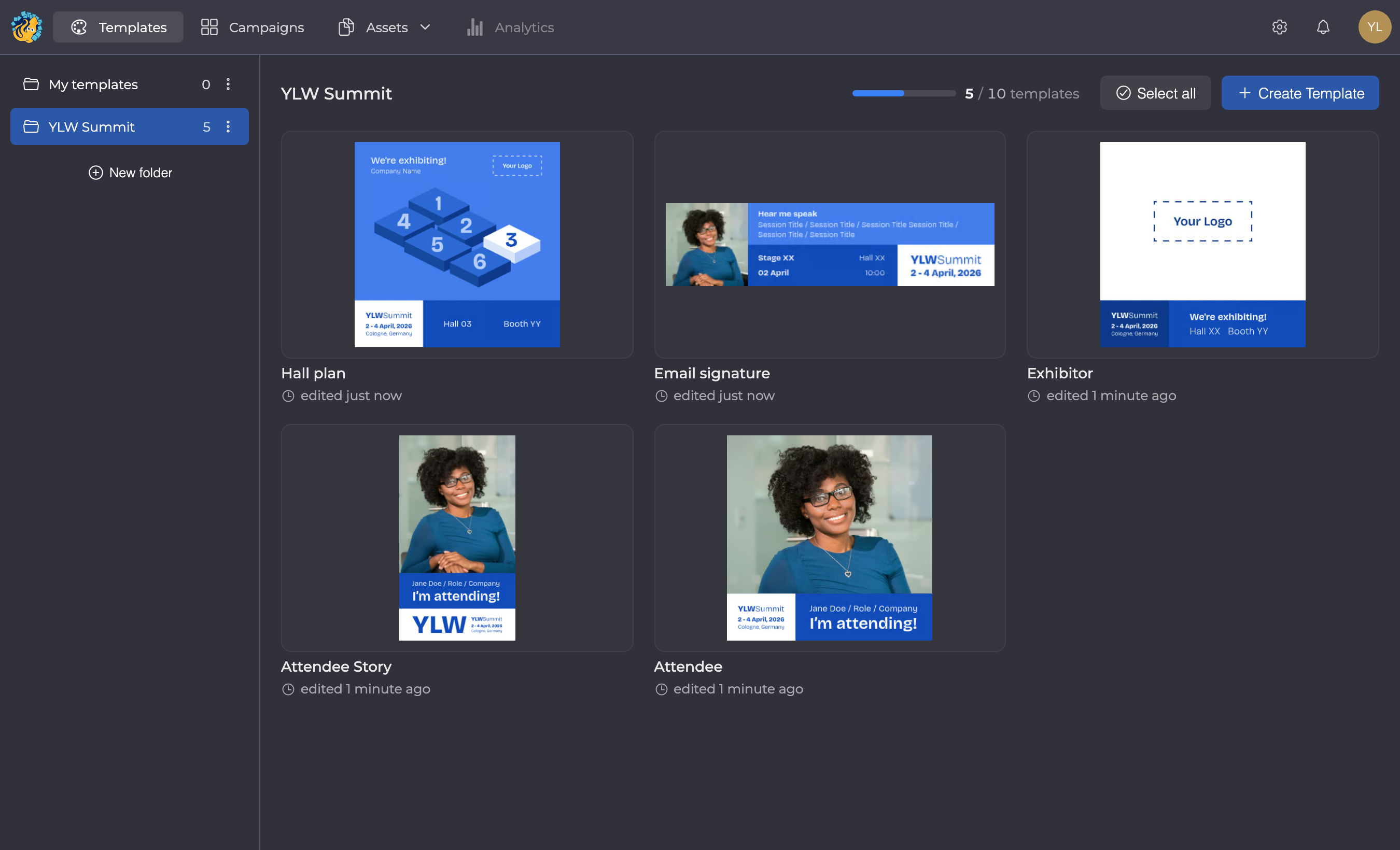 Folder view with the folder YLW Summit and its five templates, the folder list on the left and Create Template at the top right.