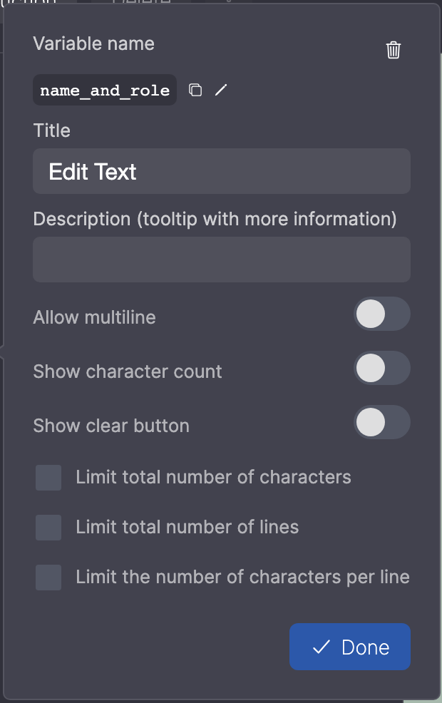 Settings of a text input field: Variable name, Title, Description, Allow multiline, Show character count, Show clear button and the limits.
