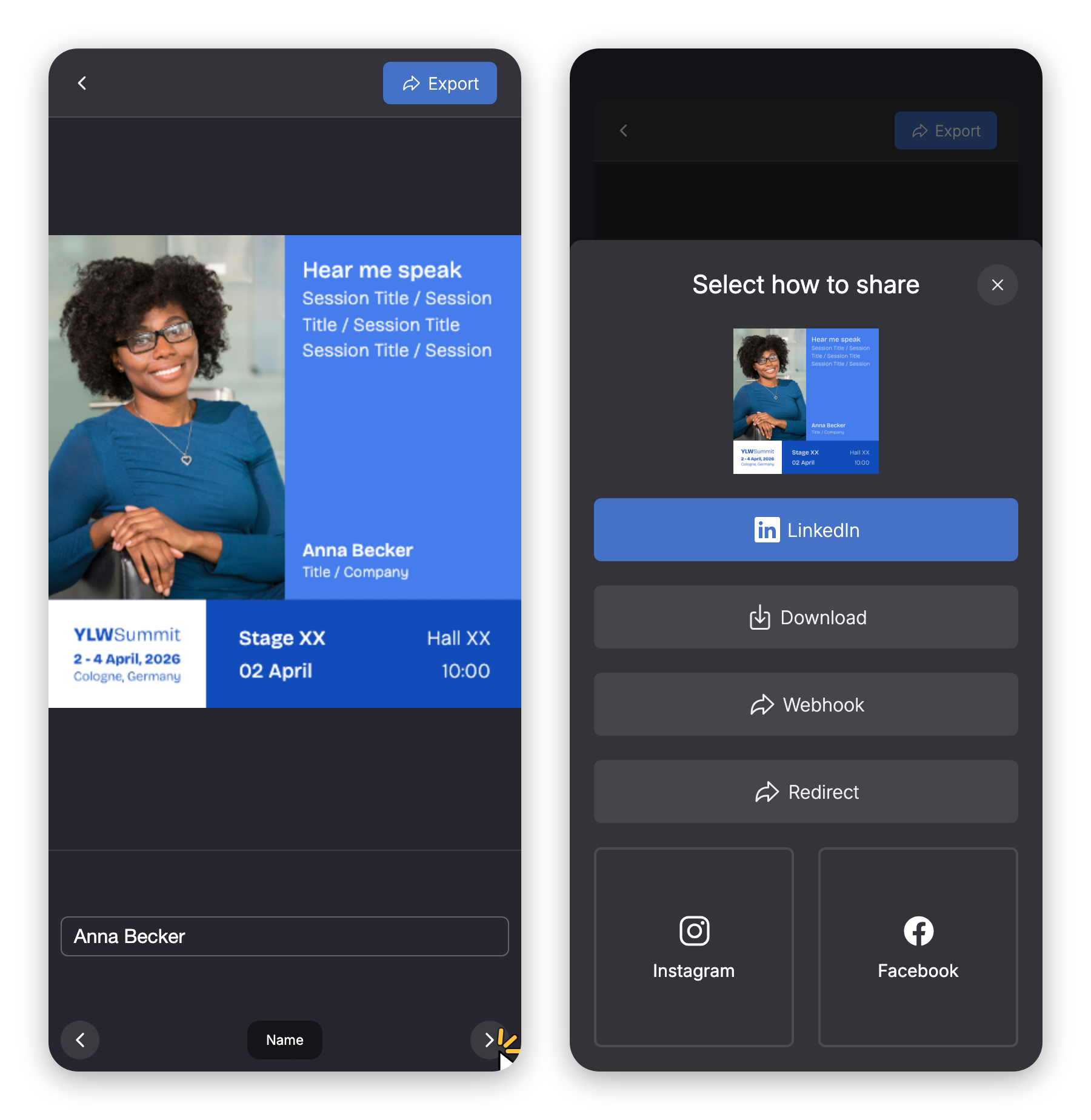 On a phone: one input field per screen with arrows to the next input field, next to it the Select how to share popup after Export.