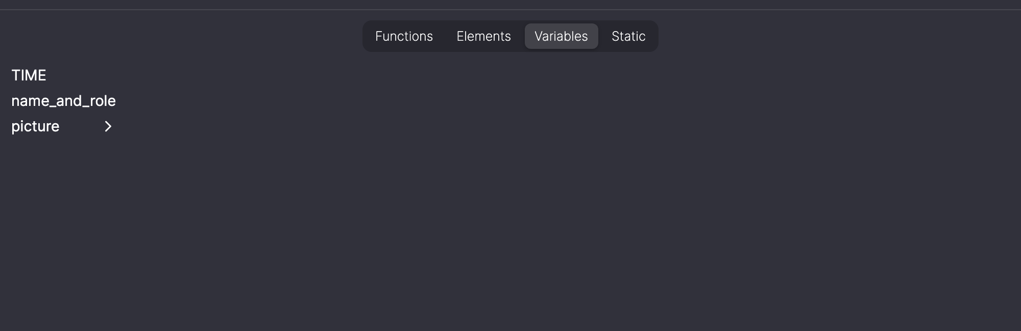 Tab Variables mit TIME und den Variablen name_and_role und picture.