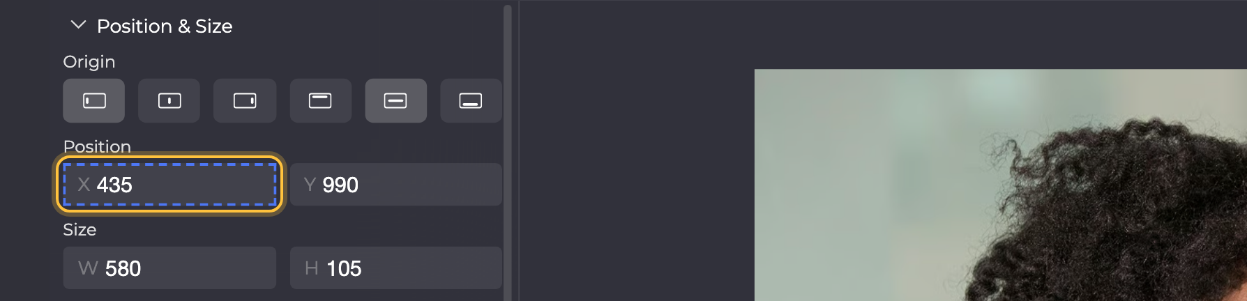 Position & Size of a selected text while the Animate a property tool is active: the X field shows the dashed outline of an animatable property and is highlighted.