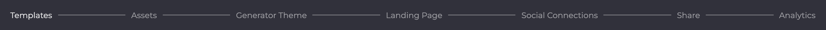 The steps of a web campaign: Templates, Assets, Generator Theme, Landing Page, Social Connections, Share and Analytics.
