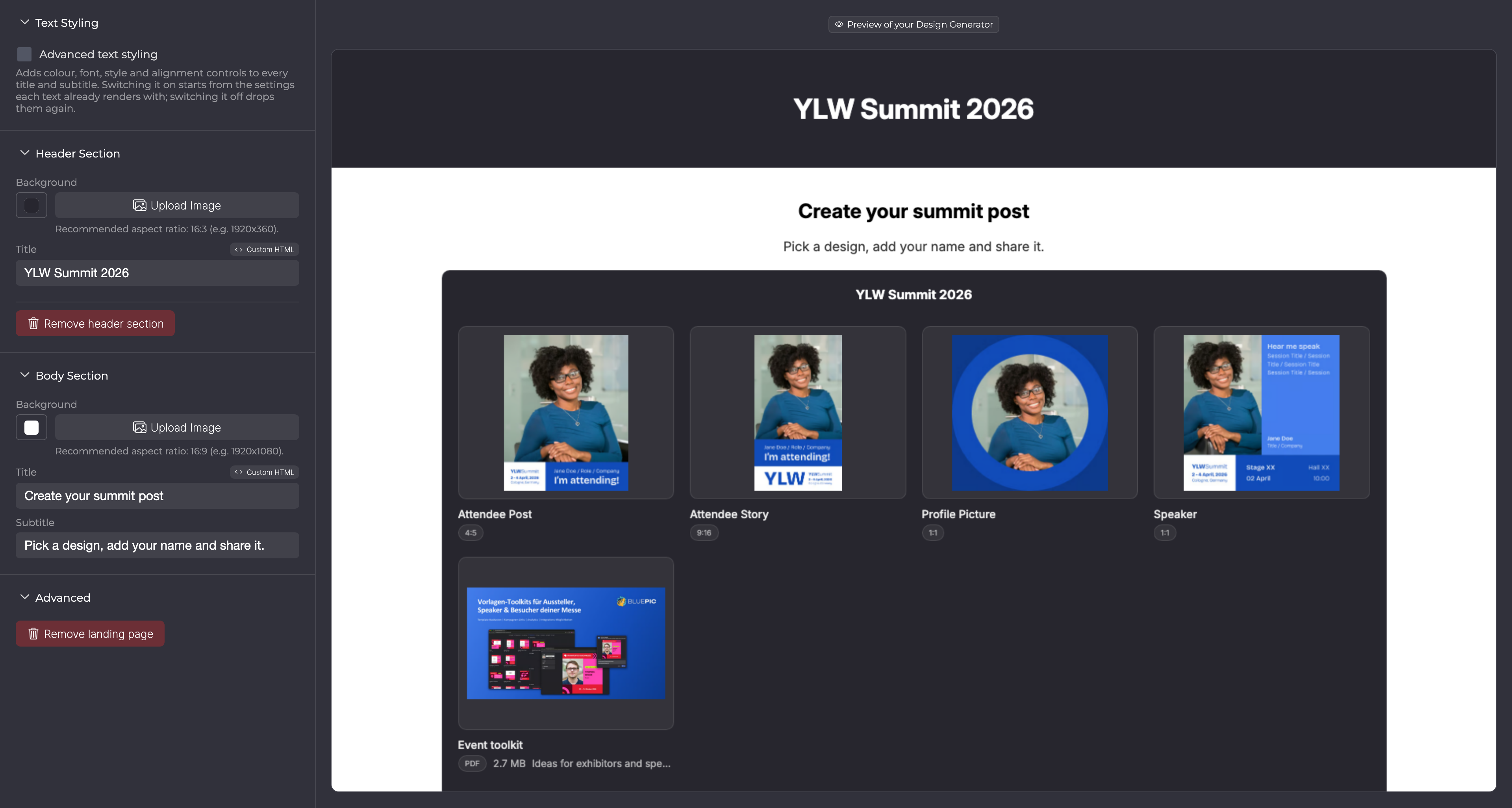 Landing Page step: header and body section on the left, the preview of the page on the right.
