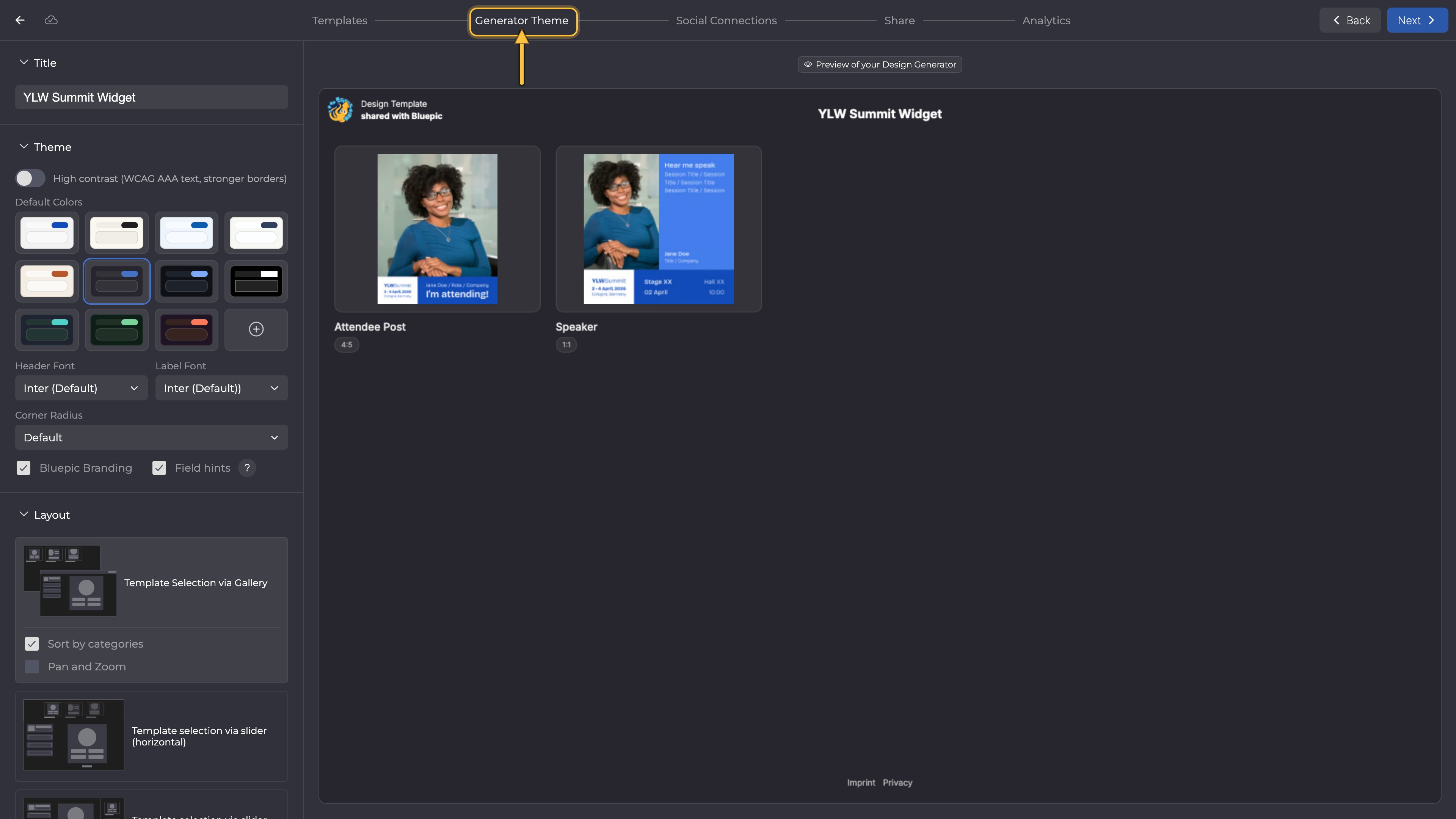 Generator Theme step of a widget campaign: the steps at the top, the settings on the left and the preview of the design generator on the right.