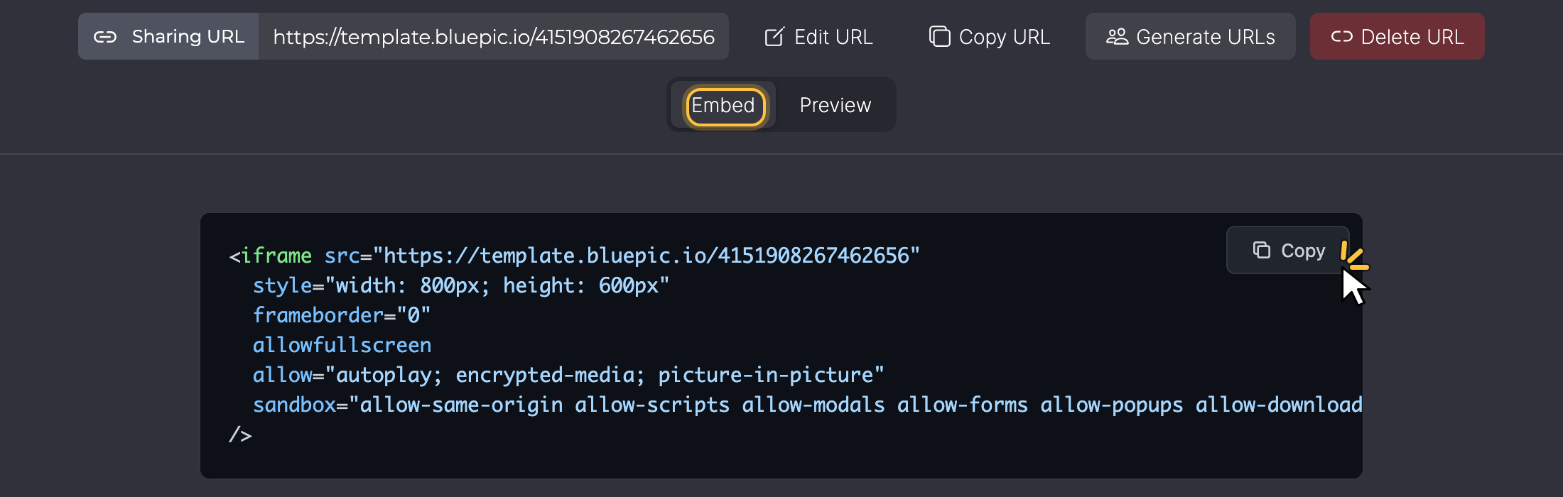 Share step of a widget campaign with the Embed tab: the iframe snippet and the Copy button.