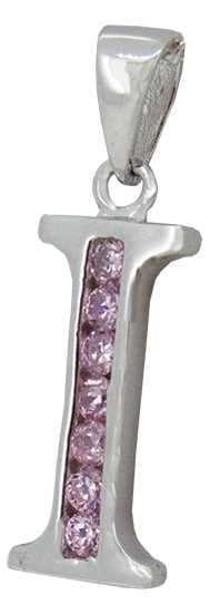 I - Silver C.Z. Pink Stone Set Initial