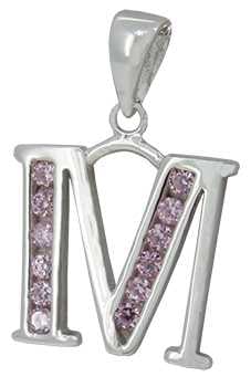M - Silver C.Z. Pink Stone Set Initial