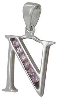 N - Silver C.Z. Pink Stone Set Initial