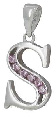 S - Silver C.Z. Pink Stone Set Initial
