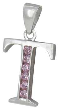 T - Silver C.Z. Pink Stone Set Initial