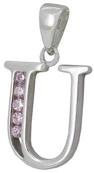 U - Silver C.Z. Pink Stone Set Initial