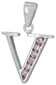 V - Silver C.Z. Pink Stone Set Initial