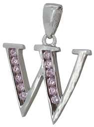 W - Silver C.Z. Pink Stone Set Initial
