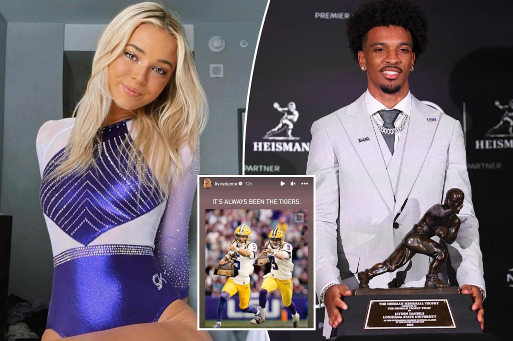 Photo of Olivia Dunne celebrates LSU quarterback Jayden Daniels Heisman Trophy win