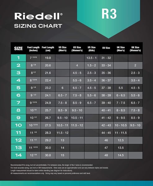 Riedell R3 size chart