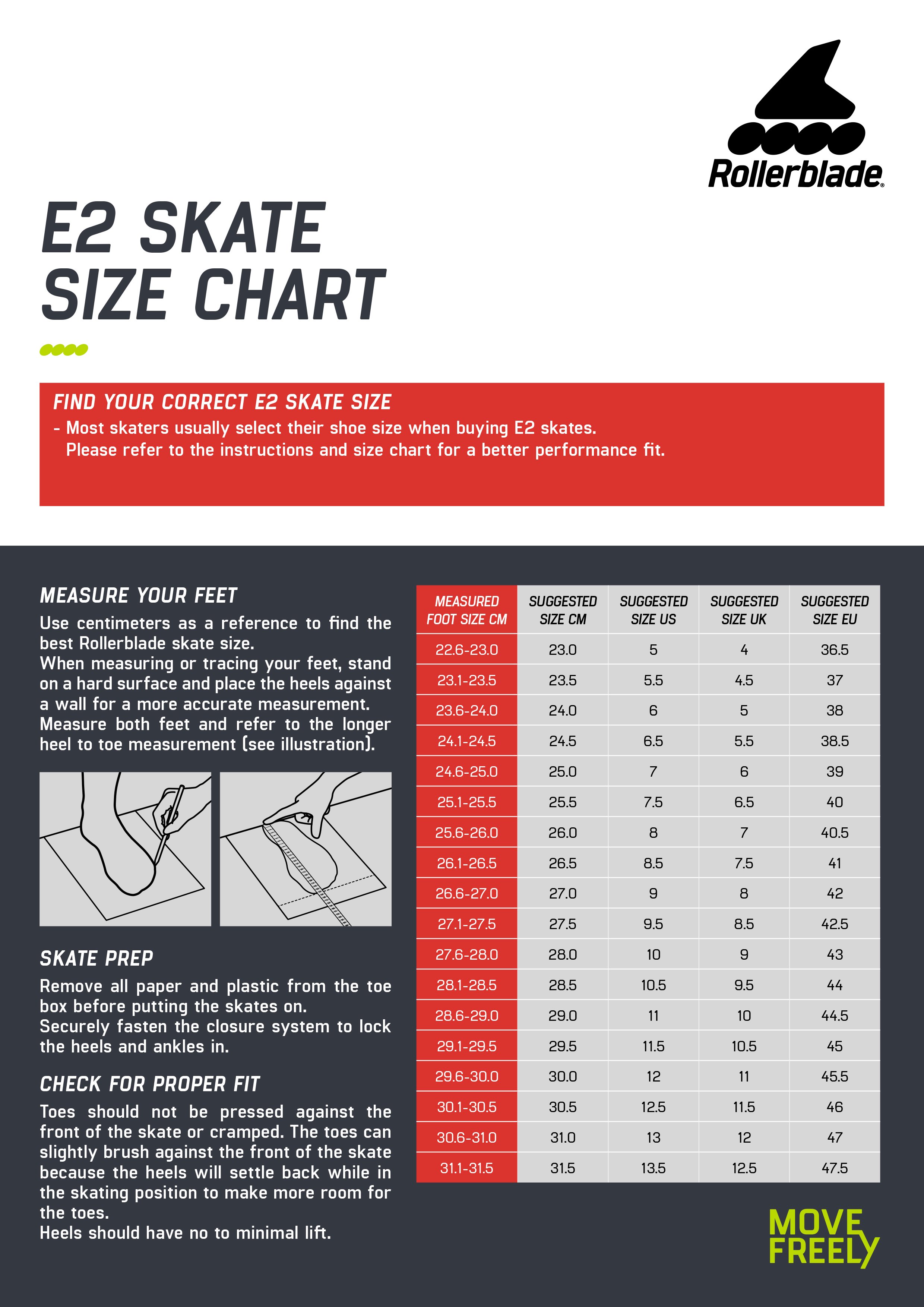 Maattabel Rollerblade E2