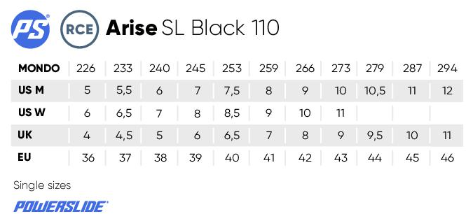 Powerslide Arise SL Black 110 Maattabel