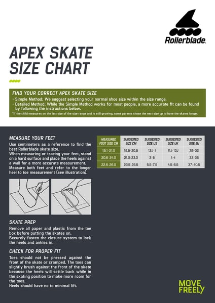 Maattabel Rollerblade Apex 