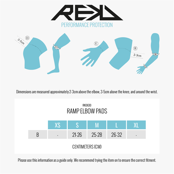 REKD Ramp Elleboogbeschermers Maattabel