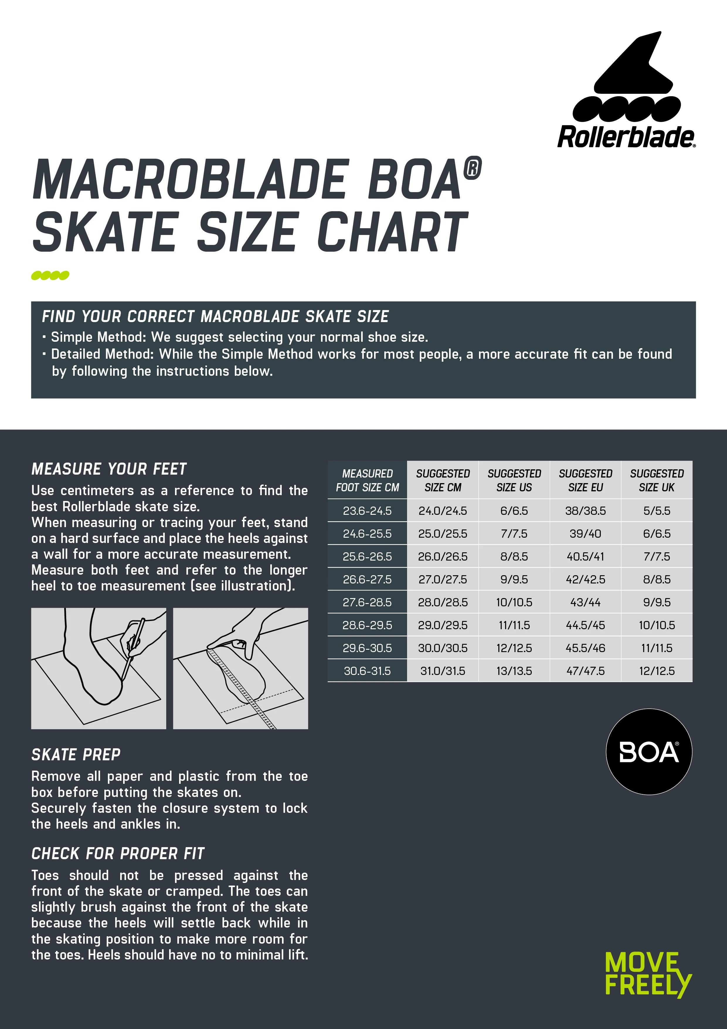 Rollerblade - Macroblade 90 BOA - Maattabel