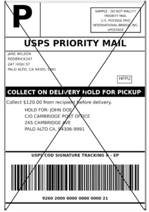 Single combined USPS COD and postage label routed to the recipient’s nearest Post Office.