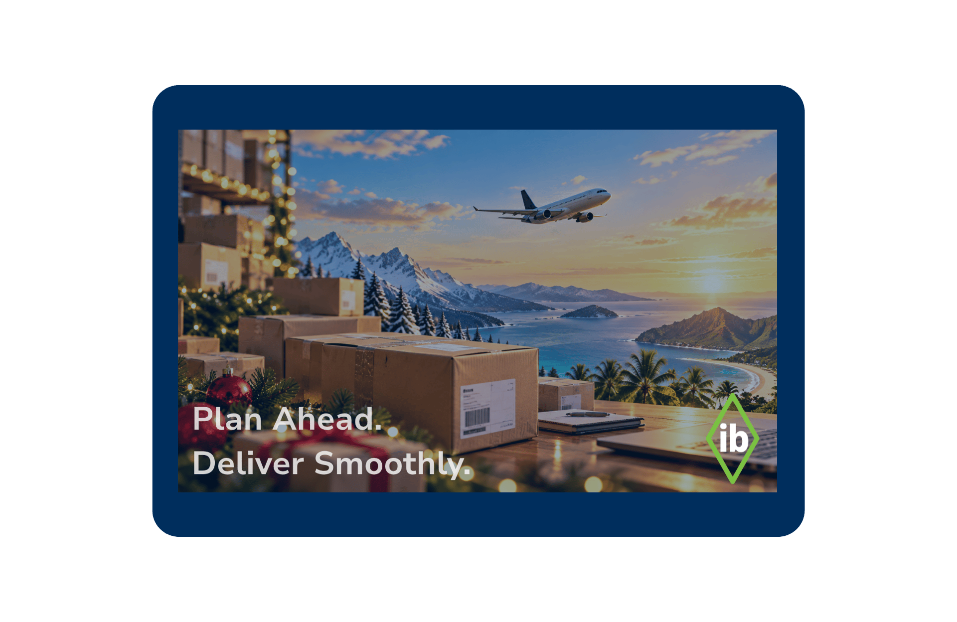 Holiday parcels on a desk as a plane flies over snowy mountains and a tropical coast, with the text “Plan ahead. Deliver smoothly.