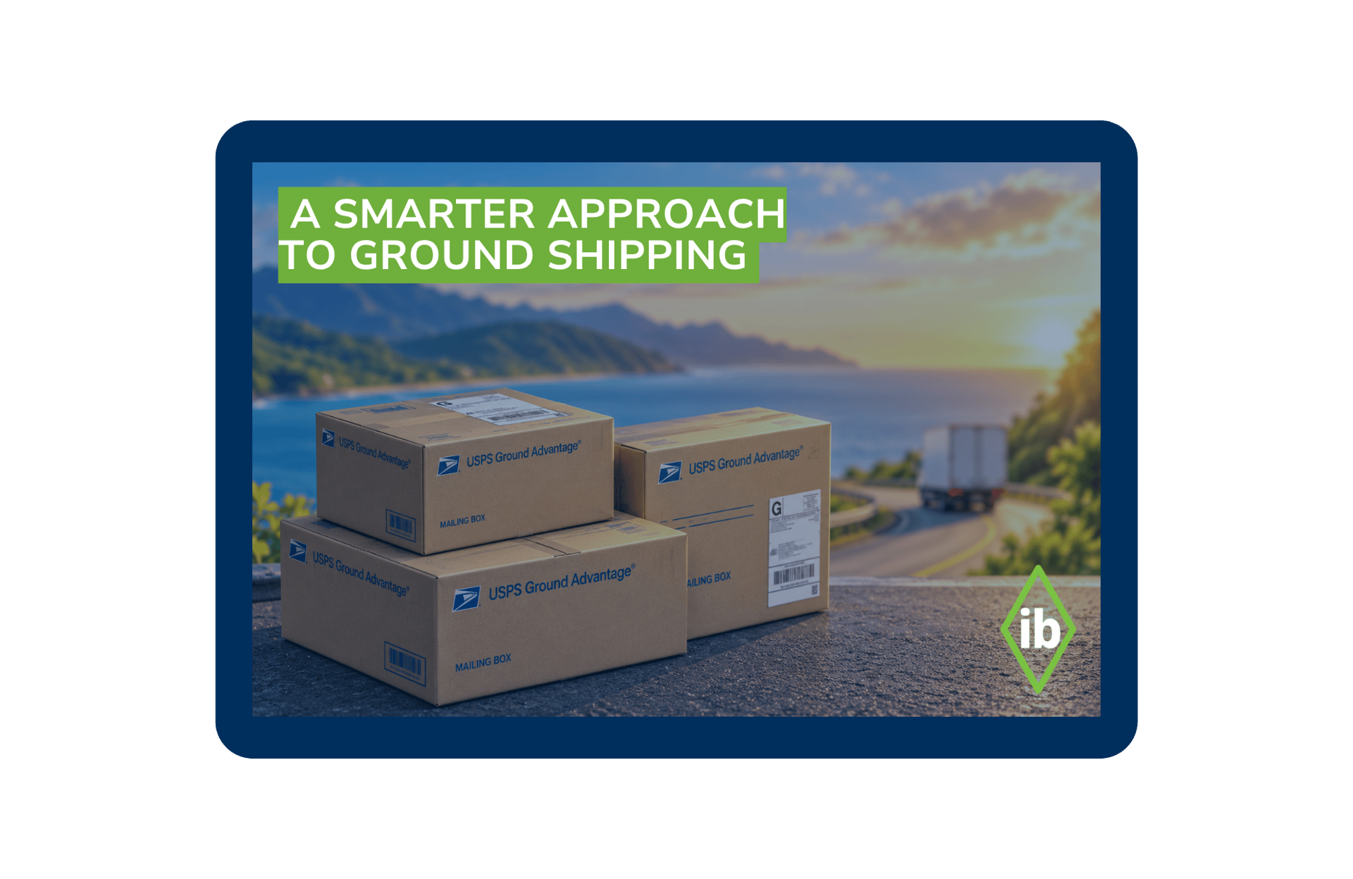USPS Ground Advantage shipping boxes beside a coastal highway, featuring the International Bridge logo and the headline: A Smarter Approach to Ground Shipping.