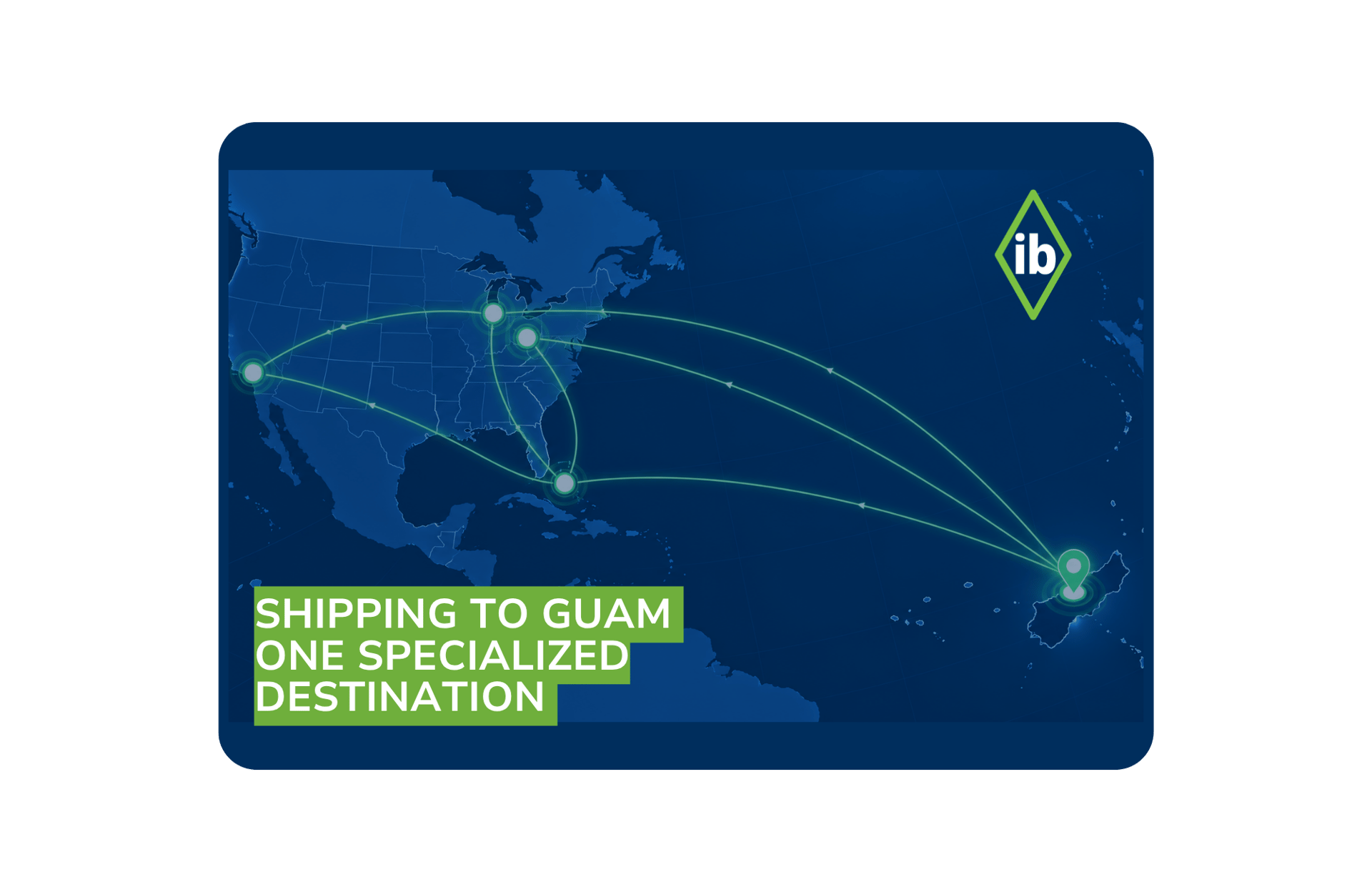Stylized map showing International Bridge shipping routes from the mainland US to Guam.