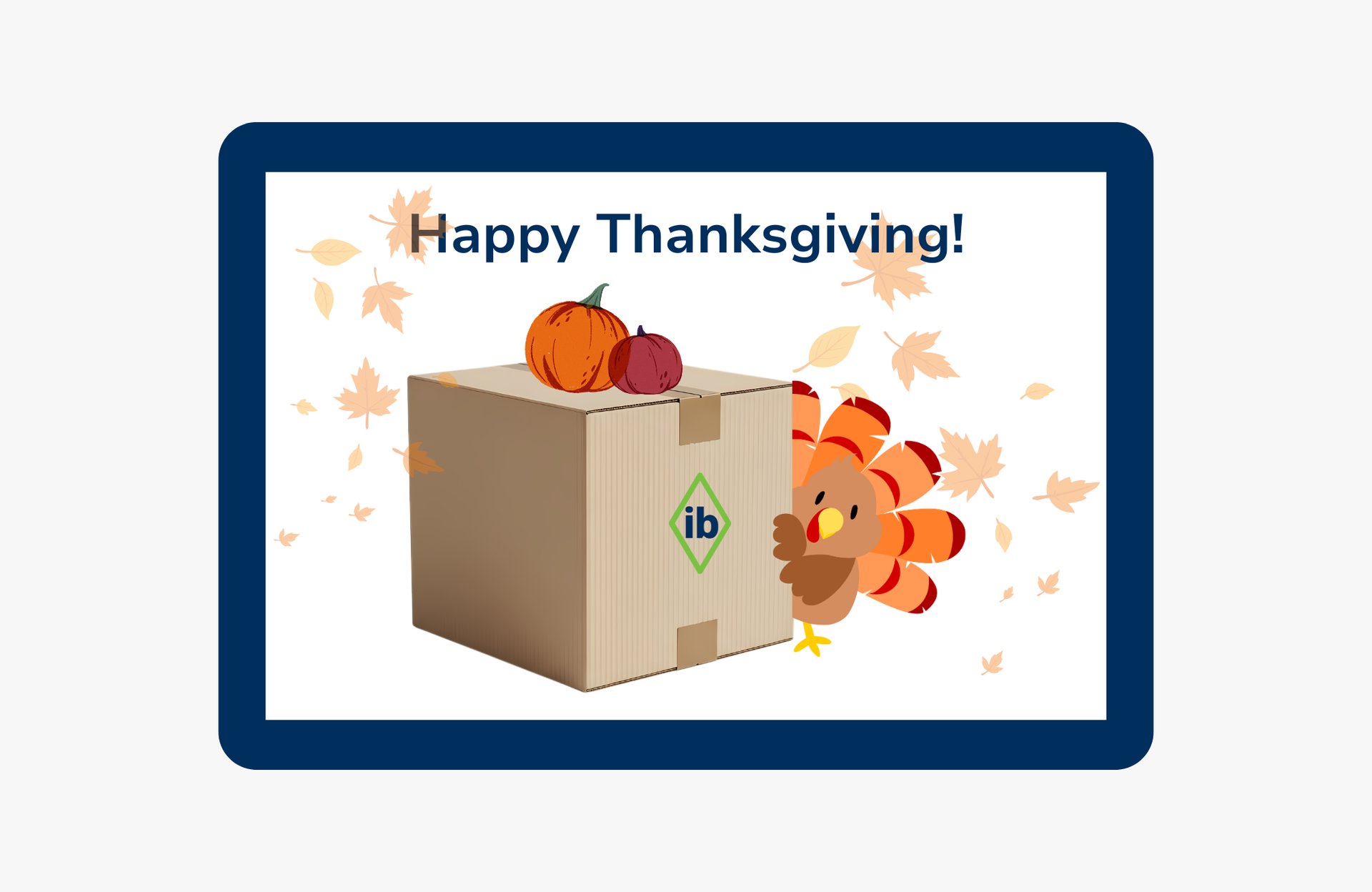 Carton box with IB logo, pumpkins, and a Thanksgiving turkey surrounded by falling autumn leaves, symbolizing holiday shipping.