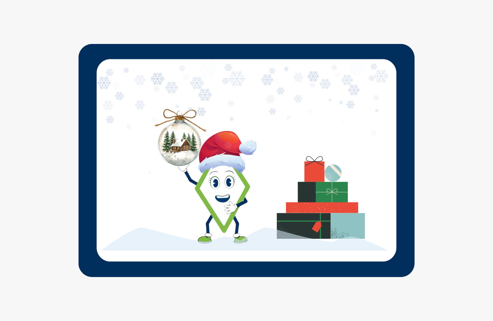 International Bridge mascot Bridgit wearing a Santa hat, holding a holiday ornament, symbolizing warm and human-centered e-commerce shipping to Hawaii, Alaska, and Puerto Rico