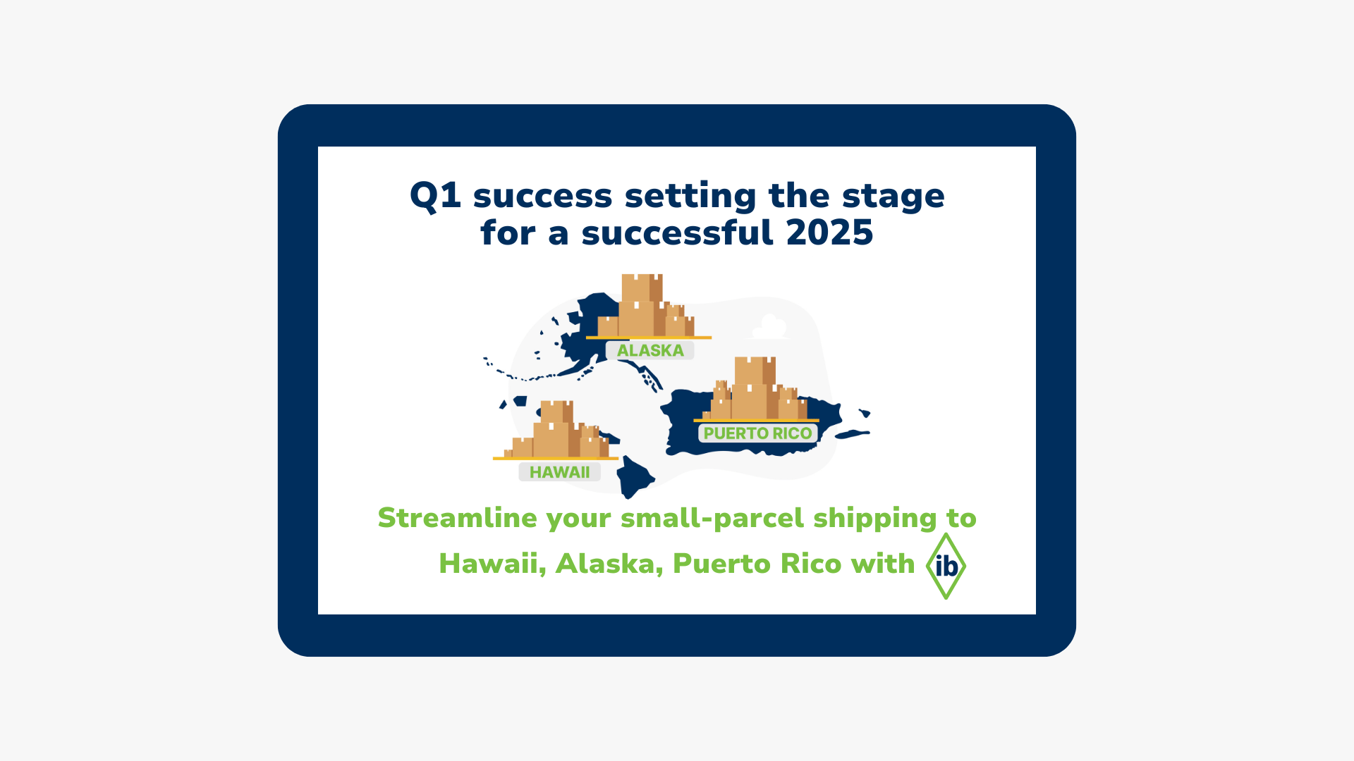 Shipping map highlighting Hawaii, Alaska, and Puerto Rico, emphasizing Q1 success as a foundation for a strong 2025 shipping strategy with International Bridge (IB)