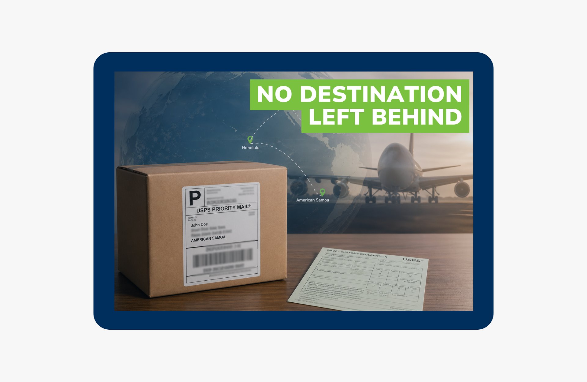Shipping box labeled for American Samoa with customs declaration form, airplane, and route map highlighting U.S. territory delivery.