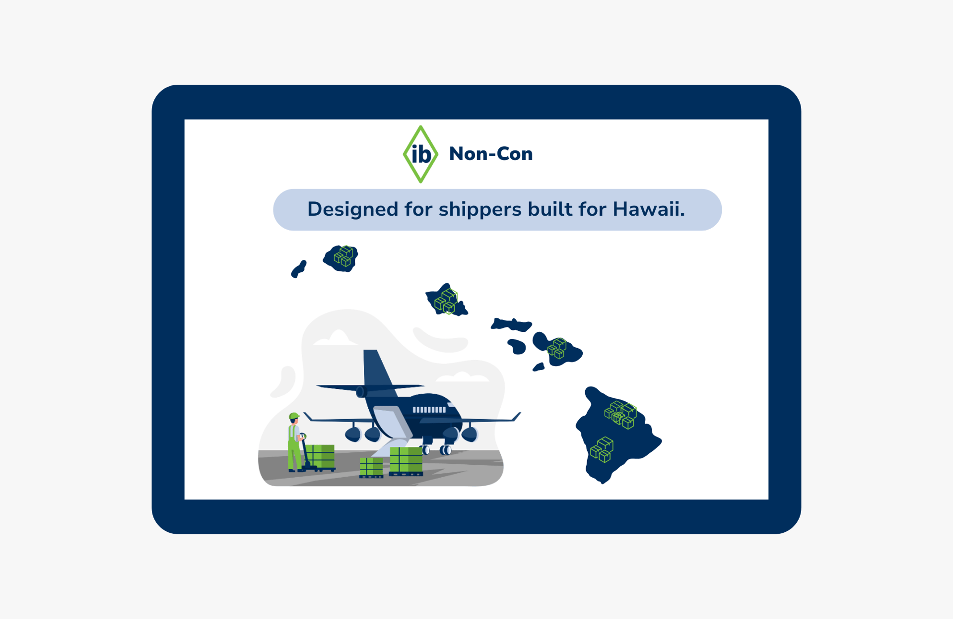 Map of Hawaii with parcel delivery icons and airplane illustration representing non-continental shipping services