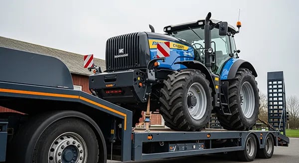 Farm tractor loaded on a tilt-bed trailer ready for shipping