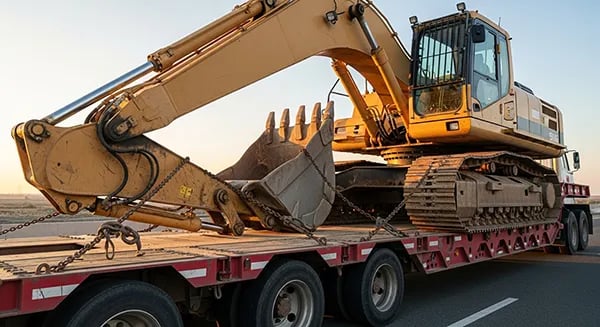 Excavator secured on a lowboy trailer for heavy equipment transport