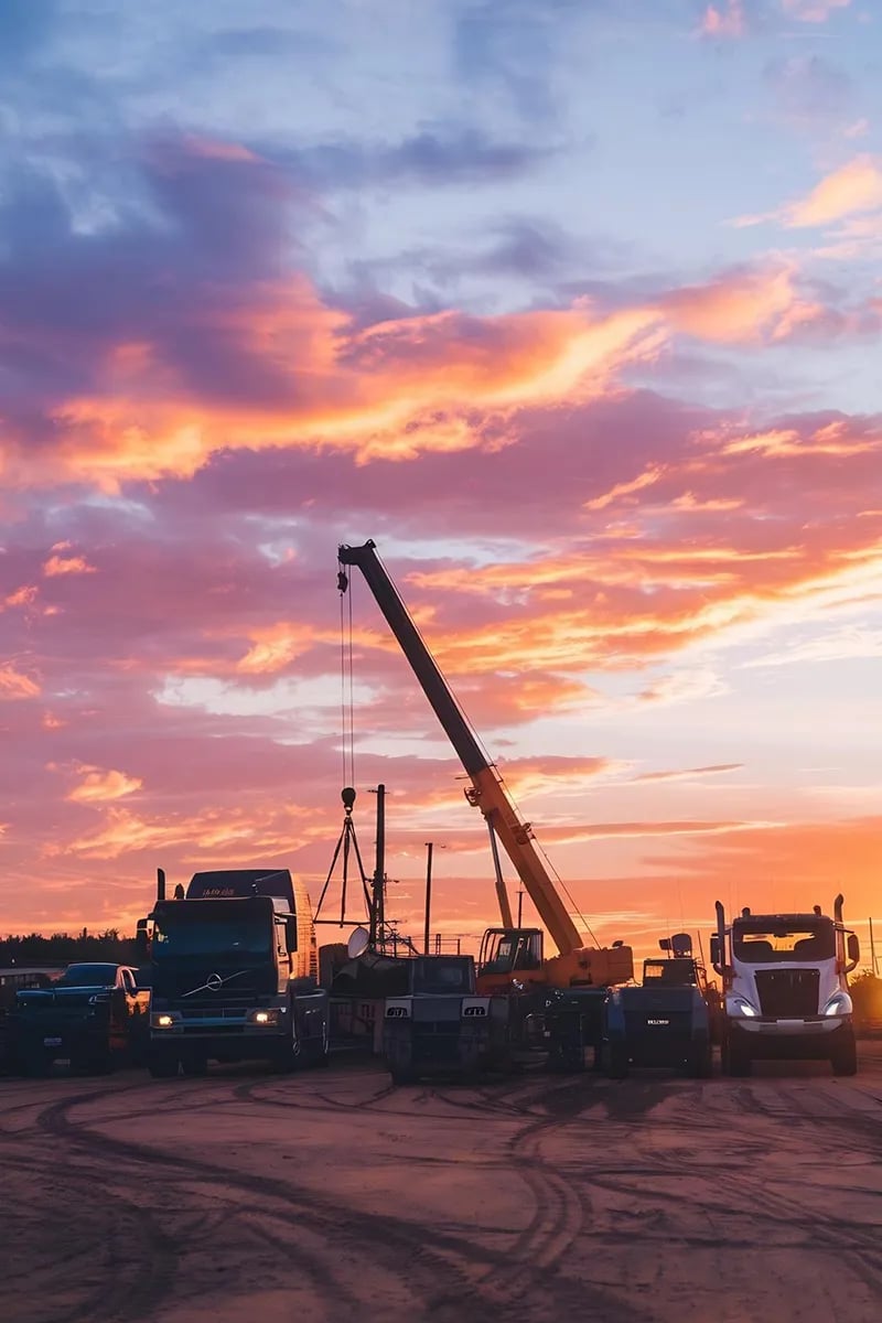 Crane and trucks staged at dusk for heavy lift and loading operations