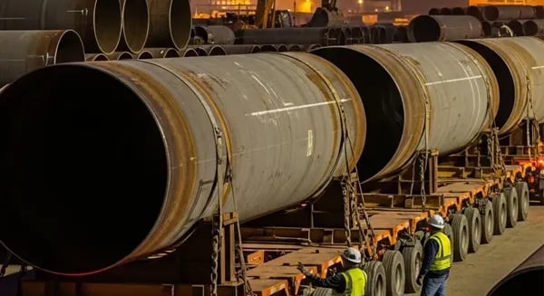 Heavy pipeline sections loaded on a multi-axle trailer with crew nearby