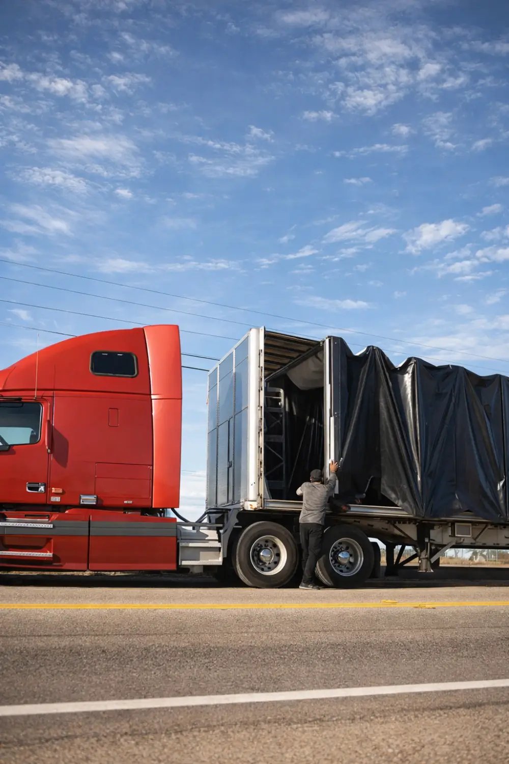 conestoga2 Driver retracting the rolling tarp on a Conestoga trailer behind a red sleeper tractor parked roadside