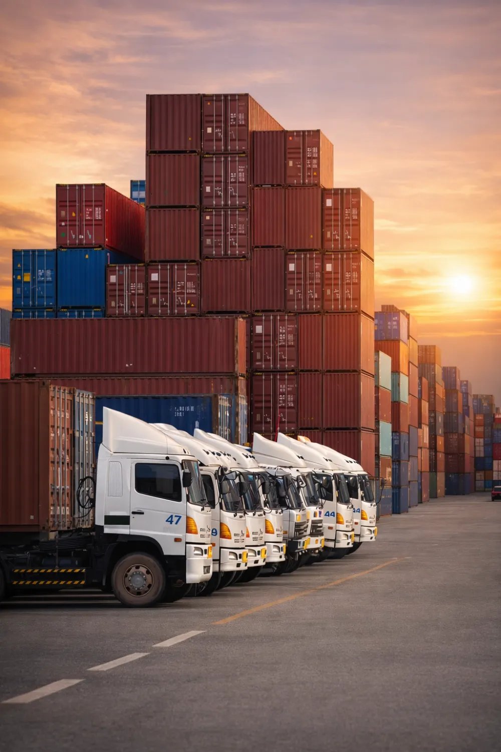 drayage2 Container drayage trucks lined up beside stacked shipping containers in a port yard at sunset