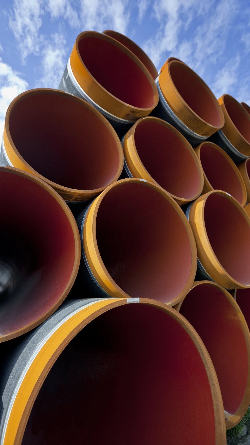 Close-up of stacked coated steel pipes showing circular ends and texture