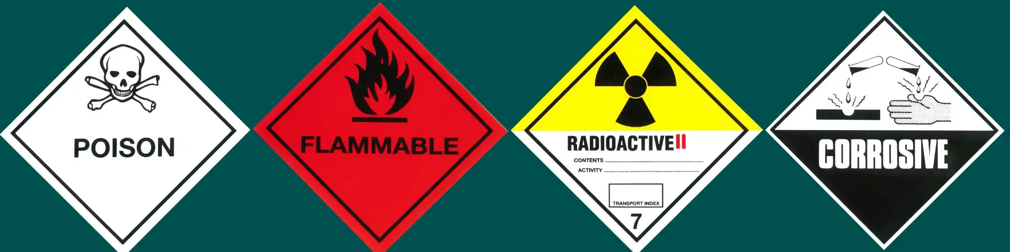 Four hazmat placards for poison, flammable, radioactive, and corrosive dangerous goods